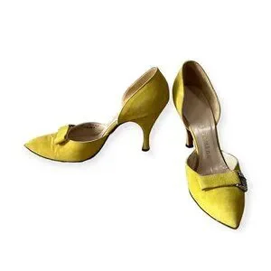 Vintage Herbert Levine Yellow Suede D'Orsey Pumps With Rhinestone Buckles. 8S