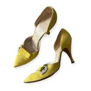 Vintage Herbert Levine Yellow Suede D'Orsey Pumps with Rhinestone Buckles. 8S