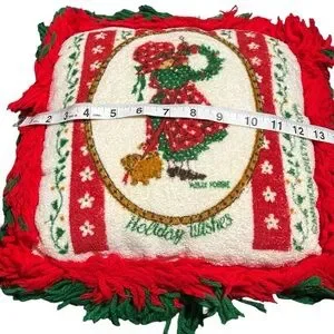 Vintage Holly Hobbie Handmade Christmas Yarn Throw Pillow