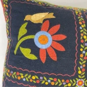 Vintage Homemade Throw Pillow Birds Floral Flowers Multicolored Pocket 17”x 17”