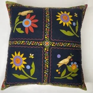 Vintage Homemade Throw Pillow Birds Floral Flowers Multicolored Pocket 17”x 17”