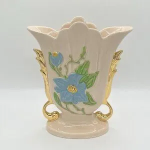 Vintage Hull Pottery Vase USA Art Baby Pink Gold Handles Blue Floral Mid Century