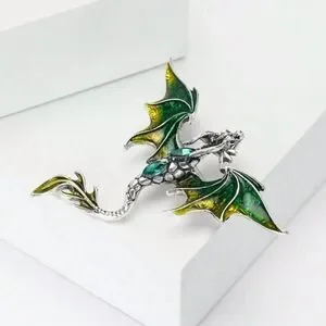 Vintage Inspired Viking Green And Silver Dragon Brooch Engraved Detailing