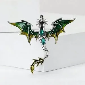 Vintage Inspired Viking Green And Silver Dragon Brooch Engraved Detailing