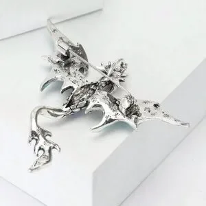 Vintage Inspired Viking Green And Silver Dragon Brooch Engraved Detailing