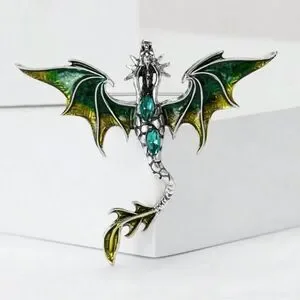 Vintage Inspired Viking Green and Silver Dragon Brooch Engraved Detailing