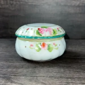 Vintage Japanese Hand Painted Floral Hair Pin Porcelain Dish with Top