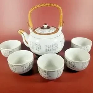 Vintage Japanese Tea Set Gold Black Green White Teapot with Lid 5 Teacups