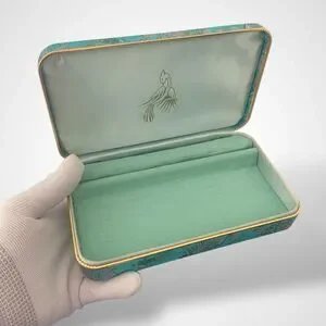 Vintage Jewelry Box Hard Case Turquoise Teal Organizer Asian Oriental Sakura