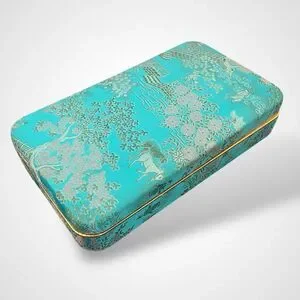 Vintage Jewelry Box Hard Case Turquoise Teal Organizer Asian Oriental Sakura