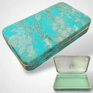 Vintage Jewelry Box Hard Case Turquoise Teal Organizer Asian Oriental Sakura