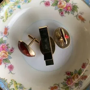 Vintage Kreisler 14KT Tie Clip N Cufflinks Gold-fleck Brown Cabochon Stamped