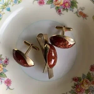 Vintage Kreisler 14KT Tie Clip N Cufflinks Gold-fleck Brown Cabochon Stamped