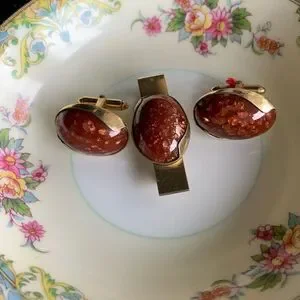Vintage Kreisler 14KT Tie Clip n Cufflinks Gold-fleck Brown cabochon Stamped