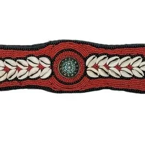 Vintage Ladakh Statement Belt Red Coral Seed Bead Turquoise Brass Cowry Shell