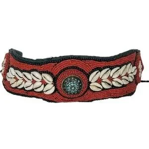 Vintage Ladakh Statement Belt Red Coral Seed Bead Turquoise Brass Cowry Shell
