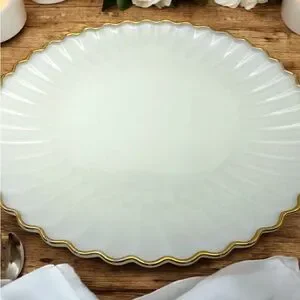 Vintage Large Milk Glass Platter 14.5” Ruffled Edge 22k Gold Trim Anchor Hocking