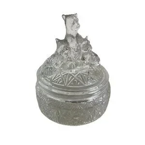 Vintage LE Smith 1930s Crystal Glass Scottish Terrier Powder Jar Container Mint