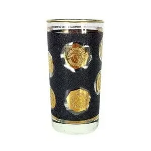 Vintage Libbey 60s MCM Black Gold Old World Coin Highball Tumbler Barware Glass