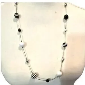Vintage Long Beaded Necklace Striped Ball Beads Silver Tone 26 Inch Retro Jewelr