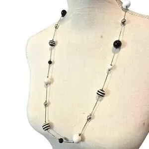 Vintage Long Beaded Necklace Striped Ball Beads Silver Tone 26 Inch Retro Jewelr