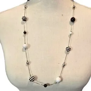 Vintage Long Beaded Necklace Striped Ball Beads Silver Tone 26 Inch Retro Jewelr