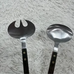 Vintage MCM 11” Wood Handle Salad Serving Set FORK SPOON Stainless Steel JAPAN