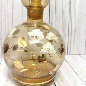 Vintage MCM Italian Amber Glass With White Flowers Decanter With Topper