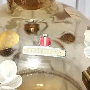 Vintage MCM Italian Amber Glass With White Flowers Decanter With Topper