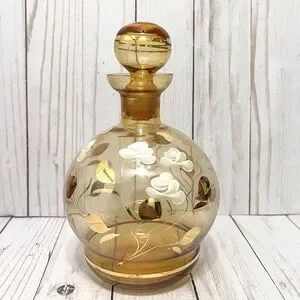 Vintage MCM Italian Amber Glass With White Flowers Decanter With Topper