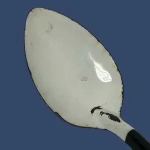 Vintage Metal Enamelware 12”Large Serving Spoon White With Black Handle