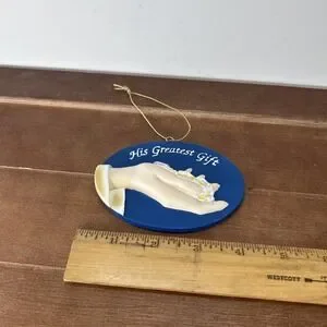Vintage Miles Kimball His Greatest Gift Blue Resin Hands Ornament Christmas