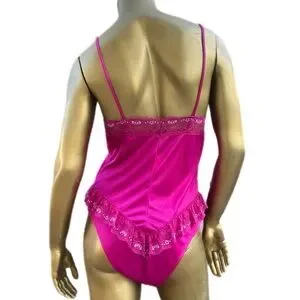 Vintage Miss Dira NY Polyester Pink Lace Trim Women's Bodysuit Teddy Size L