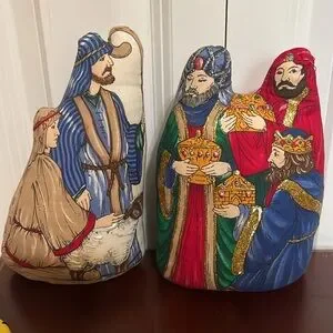 Vintage Nativity Plush Scene Shephards and The Three Kings Decorative Pillows
