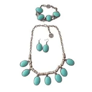 Vintage Necklace Bracelet and Earring Set Silvertone with Turquoise Color Beads