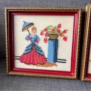 Vintage Needlepoint Set Woman With Parasol & Matador And Woman Beautiful Framed