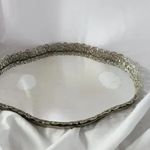 Vintage Ornate Metal Art Deco Vanity Mirrored Tray
