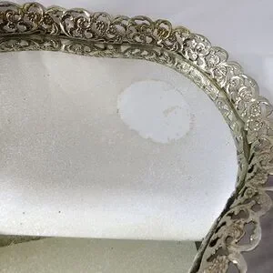 Vintage Ornate Metal Art Deco Vanity Mirrored Tray