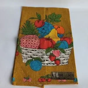 VINTAGE Parisian Prints 100% Pure Linen Tea Towel Fruit Basket