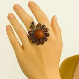 Vintage Peacock Ring – Brown Gemstones & Center Stone – Adjustable Women Jewelry