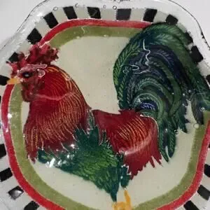 Vintage Peggy Karr Rooster Fluted Glass Bowl Signed Checkered Edge Metal Stand