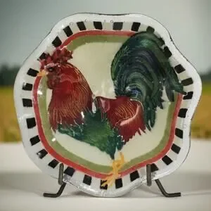 Vintage Peggy Karr Rooster Fluted Glass Bowl Signed Checkered Edge Metal Stand