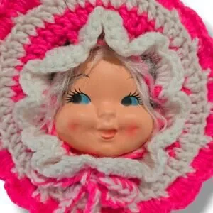 Vintage Plastic Doll Face Crochet Potholder Set Of 3 Handmade Doily Cottagecore