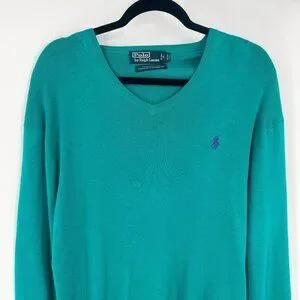 Vintage Polo Ralph Lauren 100% Pima Cotton V-Neck Long Sleeve Knit Sweater Teal
