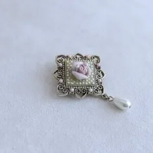 Vintage Porcelain Pink Rose Brooch Faux Pearl Teardrop Dangle Pin Gift