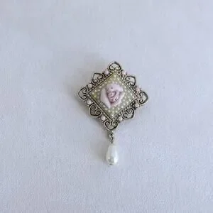 Vintage Porcelain Pink Rose Brooch Faux Pearl Teardrop Dangle Pin Gift