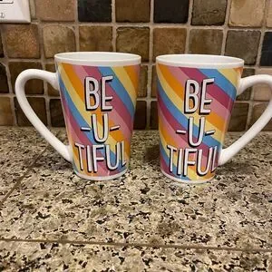 Vintage Rainbow Be-U-Tiful Stoneware Double Sided Mugs