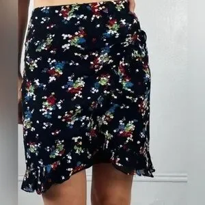Vintage Ralph Lauren Chiffon Ruffle Hem Skirt Black Floral Multi Color Sz. 8