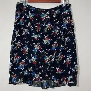 Vintage Ralph Lauren Chiffon Ruffle Hem Skirt Black Floral Multi Color Sz. 8