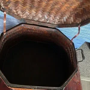 Vintage Rattan Bamboo Woven Trunk Storage Basket W/ Brass Closure
